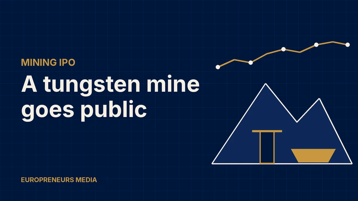 Abstract Europreneurs Media graphic: a stylised mountain with a mine entrance, a gold metal ingot and a share-price line, symbolising a tungsten mining company listing on the stock market
