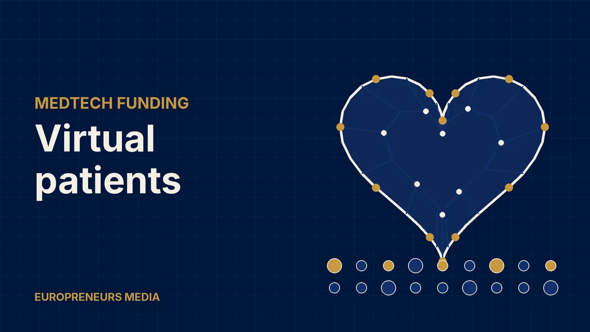 Abstract Europreneurs Media graphic: a wireframe heart made of connected nodes above rows of dots representing a varied virtual patient population