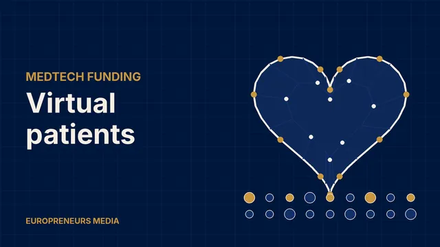 Abstract Europreneurs Media graphic: a wireframe heart made of connected nodes above rows of dots representing a varied virtual patient population