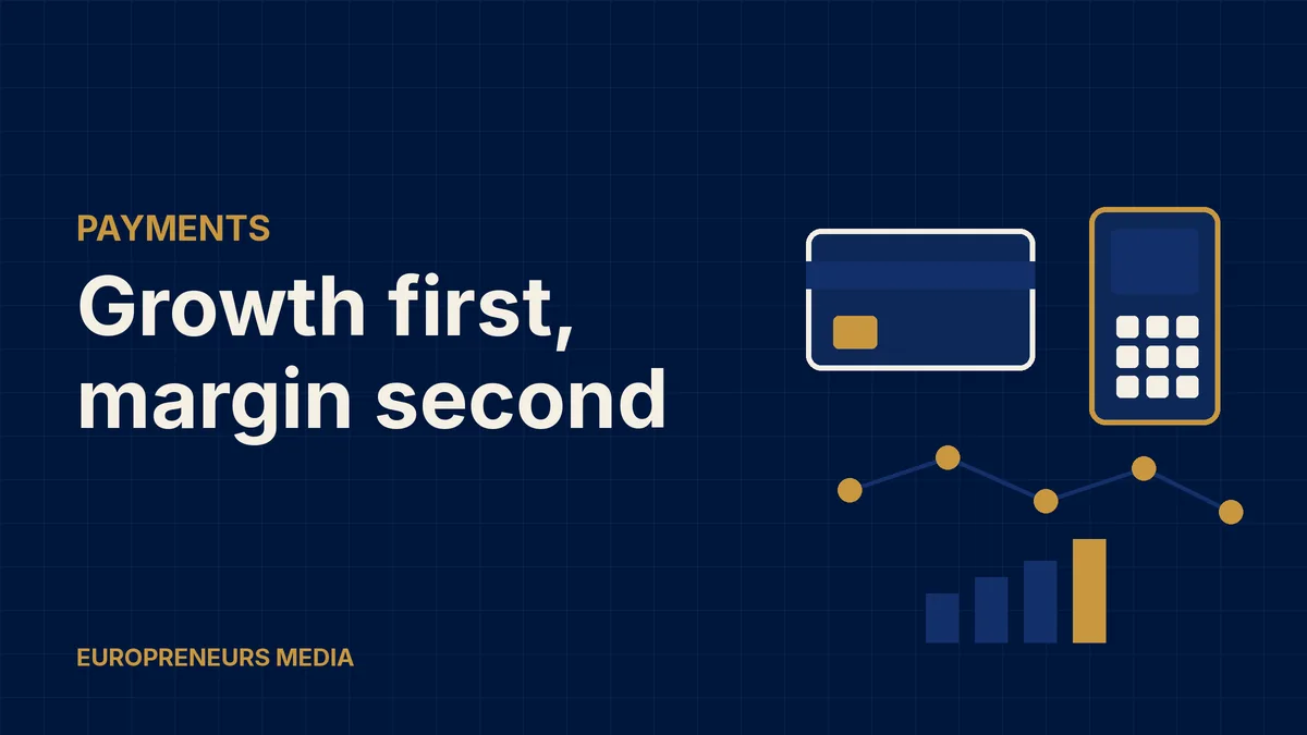Abstract Europreneurs Media graphic: a generic payment card and card terminal above a chain of connected nodes and rising bars, symbolising a payments platform investing for growth
