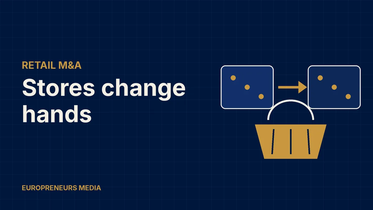 Abstract Europreneurs Media graphic: a gold shopping basket below two navy map tiles linked by a gold arrow, symbolising a grocery business changing owners across Central Europe
