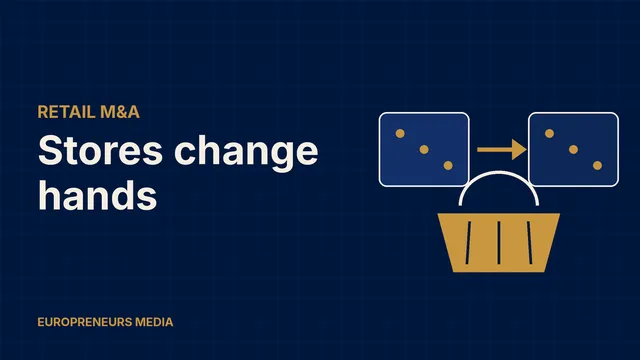 Abstract Europreneurs Media graphic: a gold shopping basket below two navy map tiles linked by a gold arrow, symbolising a grocery business changing owners across Central Europe
