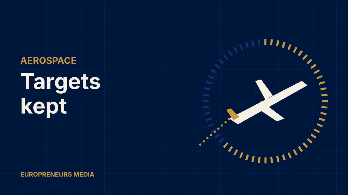Abstract Europreneurs Media graphic: a stylised jet climbing inside a ring of tick marks that is mostly filled in gold, symbolising progress towards an annual delivery target