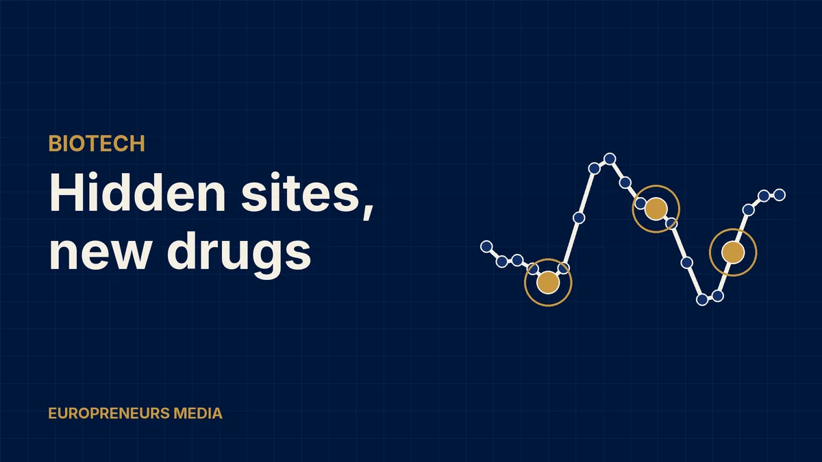 Abstract Europreneurs Media graphic: a winding chain of beads with three highlighted gold sites, symbolising hidden regulatory pockets on a protein