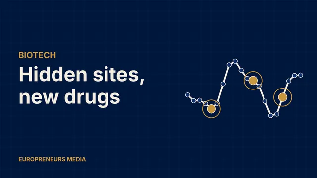 Abstract Europreneurs Media graphic: a winding chain of beads with three highlighted gold sites, symbolising hidden regulatory pockets on a protein