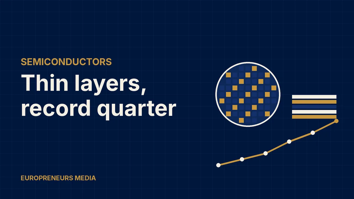 Abstract Europreneurs Media graphic: a silicon wafer with a chip grid beside a stack of thin layers and a rising line chart, symbolising chip deposition equipment and strong growth
