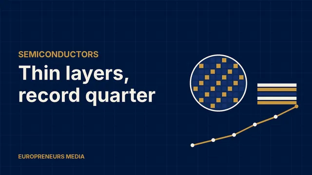 Abstract Europreneurs Media graphic: a silicon wafer with a chip grid beside a stack of thin layers and a rising line chart, symbolising chip deposition equipment and strong growth