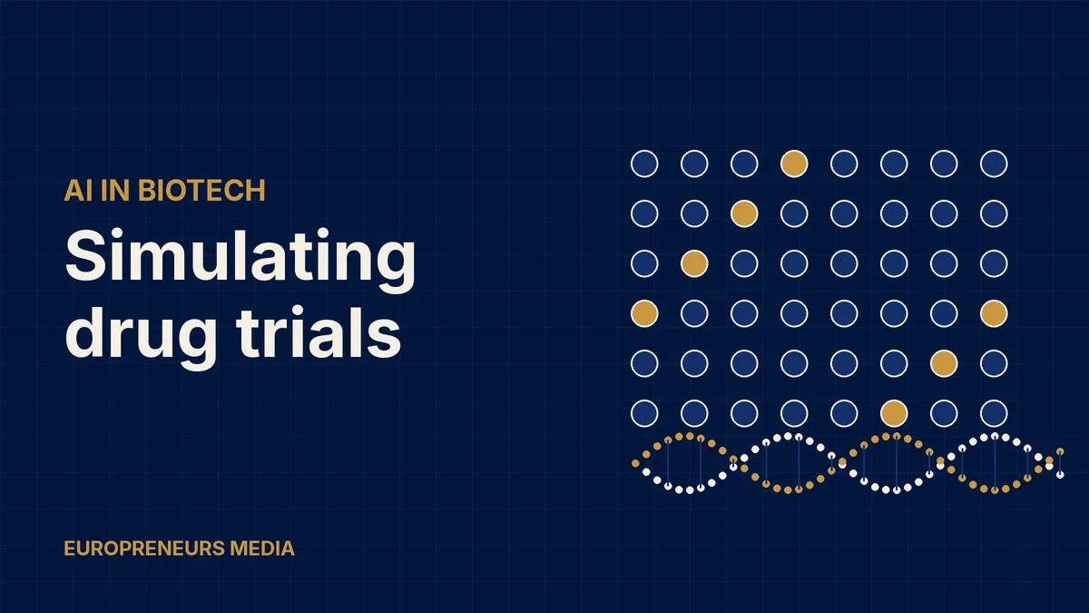 Abstract Europreneurs Media graphic: a grid of virtual patient dots with some highlighted in gold above a stylised RNA strand, symbolising AI-simulated clinical trials