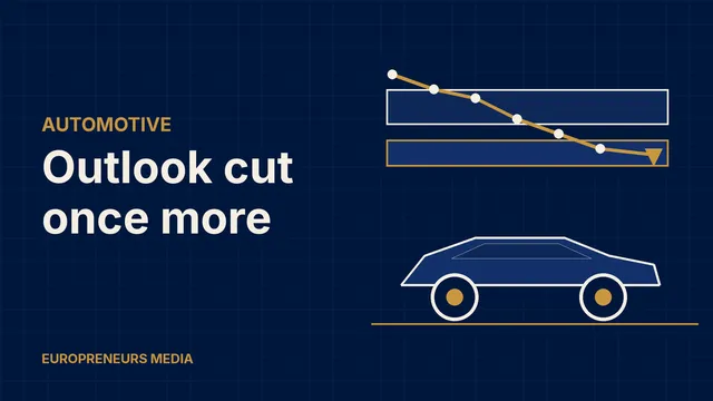 Abstract Europreneurs Media graphic: a generic car outline beneath a descending gold trend line and a lowered target band, symbolising a carmaker cutting its forecast