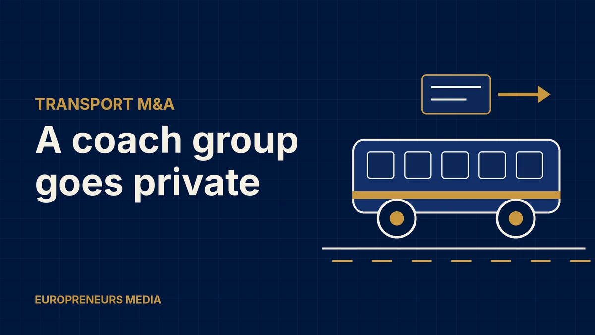 Abstract Europreneurs Media graphic: a stylised navy coach on a road below a share certificate tile and a gold arrow, symbolising a transport group being taken private
