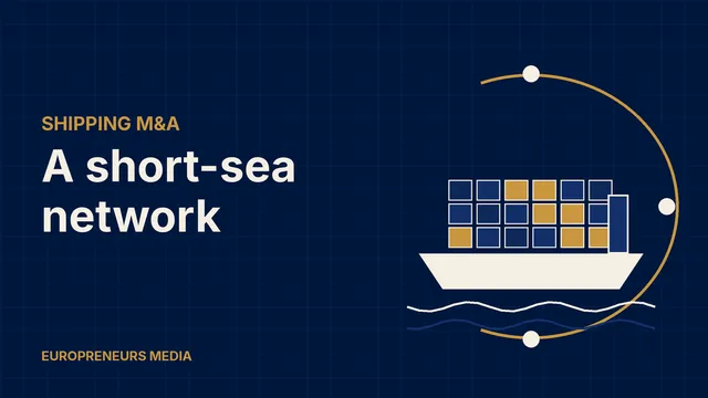 Abstract Europreneurs Media graphic: a container ship with stacked containers below a route arc linking ports in the north and south, symbolising a combined short-sea shipping network