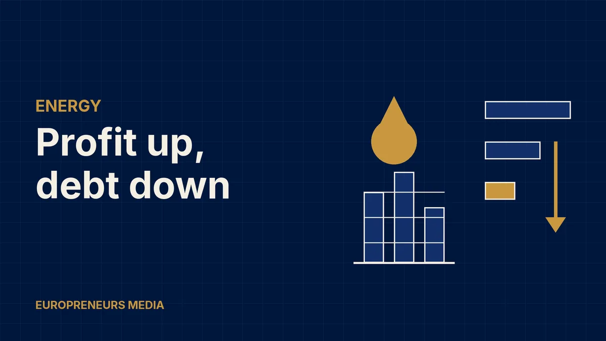 Abstract Europreneurs Media graphic: a gold oil drop beside stylised refinery towers and three shrinking bars with a downward arrow, symbolising higher energy profits and lower debt