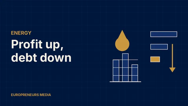 Abstract Europreneurs Media graphic: a gold oil drop beside stylised refinery towers and three shrinking bars with a downward arrow, symbolising higher energy profits and lower debt