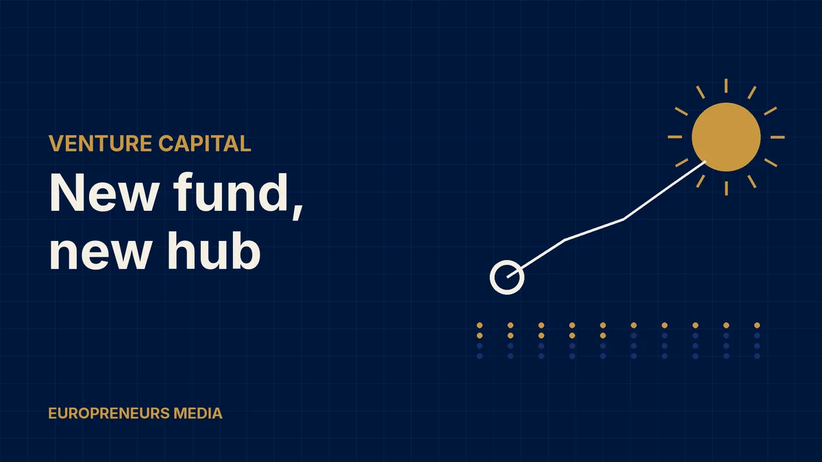 Abstract Europreneurs Media graphic: a gold sun linked by a route line to a ring on the coast above forty small dots, fifteen of them gold, symbolising a new venture fund and its first investments