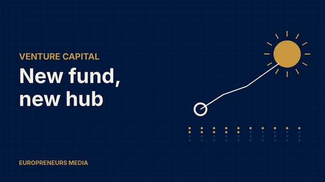 Abstract Europreneurs Media graphic: a gold sun linked by a route line to a ring on the coast above forty small dots, fifteen of them gold, symbolising a new venture fund and its first investments