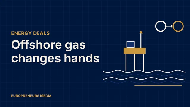 Abstract Europreneurs Media graphic: an offshore platform on stylised waves with a pipeline line below and two rings joined by an arrow, symbolising the sale of an offshore gas producer