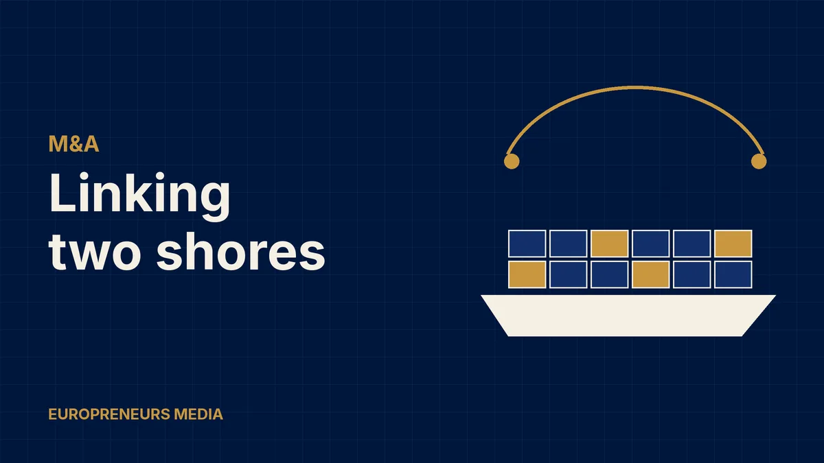 Abstract Europreneurs Media graphic: a stylised cargo ship stacked with containers beneath a route arc linking two shores, symbolising a Mediterranean shipping and logistics deal