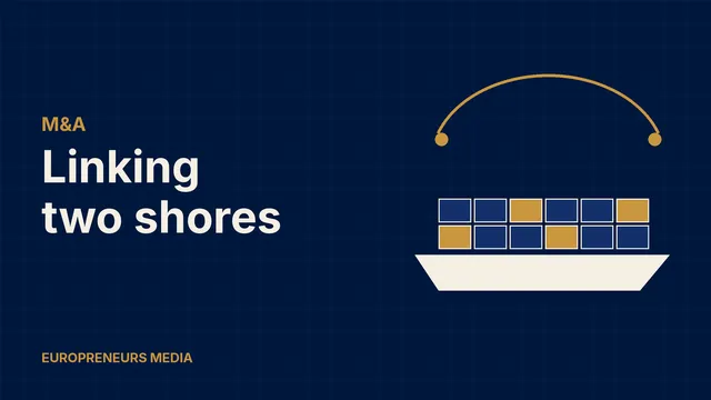 Abstract Europreneurs Media graphic: a stylised cargo ship stacked with containers beneath a route arc linking two shores, symbolising a Mediterranean shipping and logistics deal