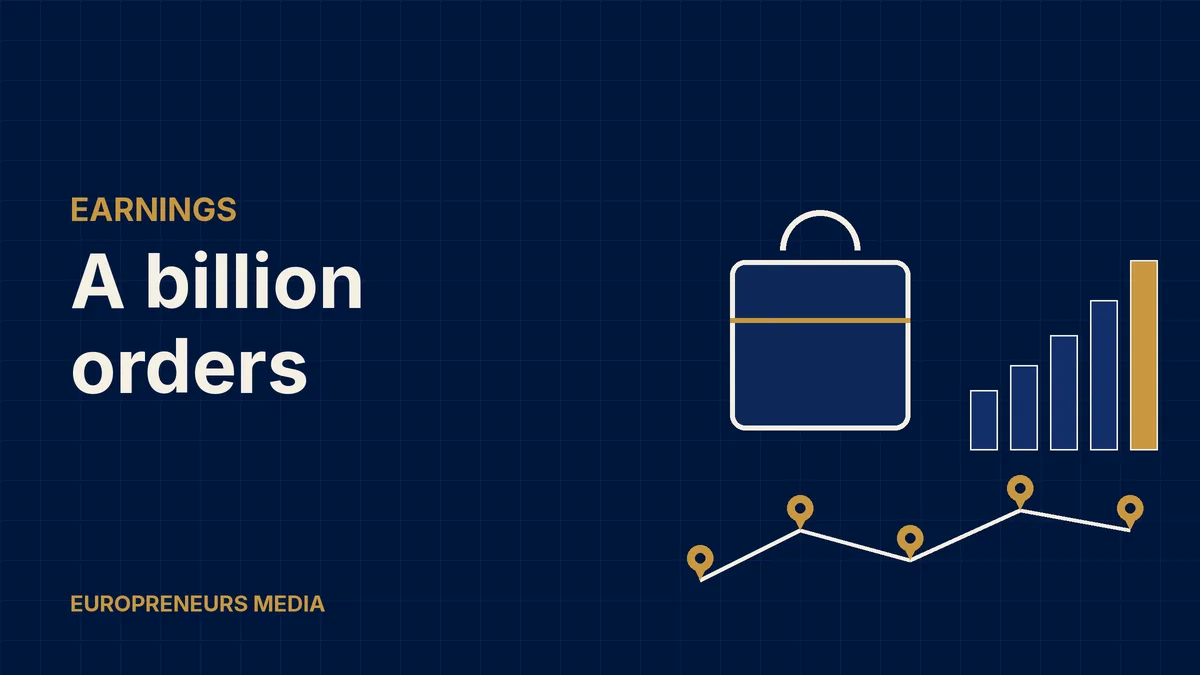 Abstract Europreneurs Media graphic: a delivery bag outline next to rising bars and location pins along a route, symbolising growing delivery orders