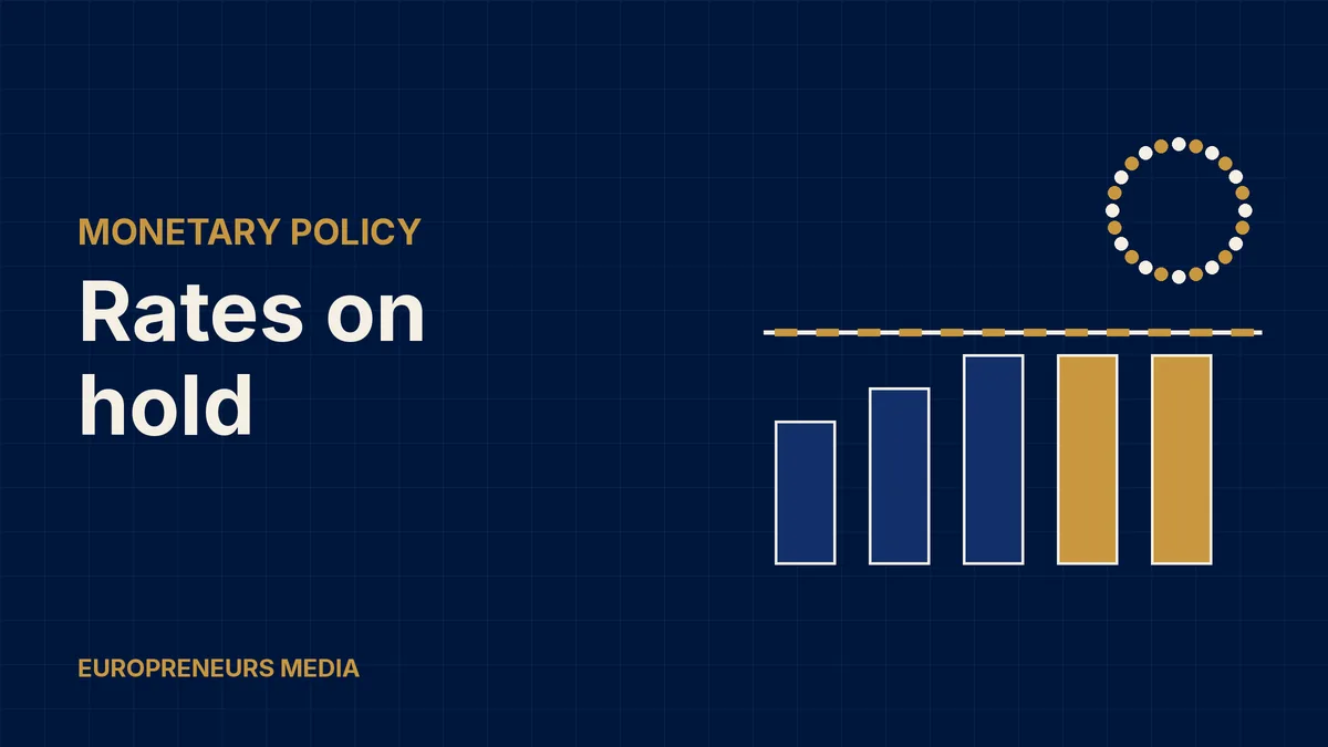 Abstract Europreneurs Media graphic: bars levelling off beneath a flat dashed line and a ring of dots, symbolising interest rates held steady in the euro area