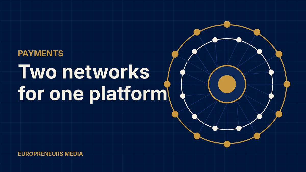 Abstract Europreneurs Media graphic: a central gold platform connected to two concentric rings of network nodes, symbolising two network providers linking banks to a digital currency platform