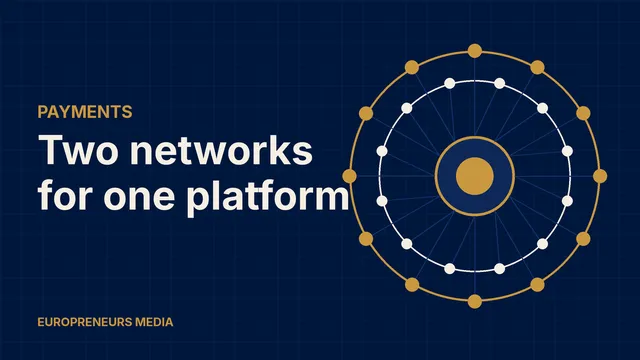 Abstract Europreneurs Media graphic: a central gold platform connected to two concentric rings of network nodes, symbolising two network providers linking banks to a digital currency platform