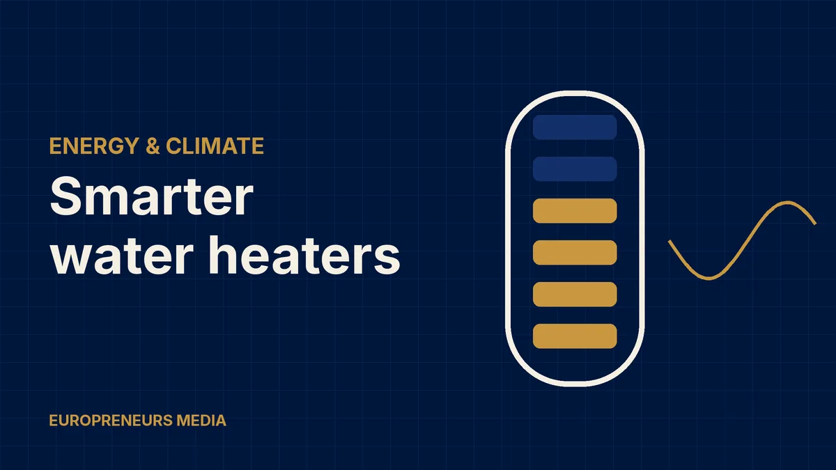 Abstract Europreneurs Media graphic: a stylised water heater tank with energy level bars and a grid wave