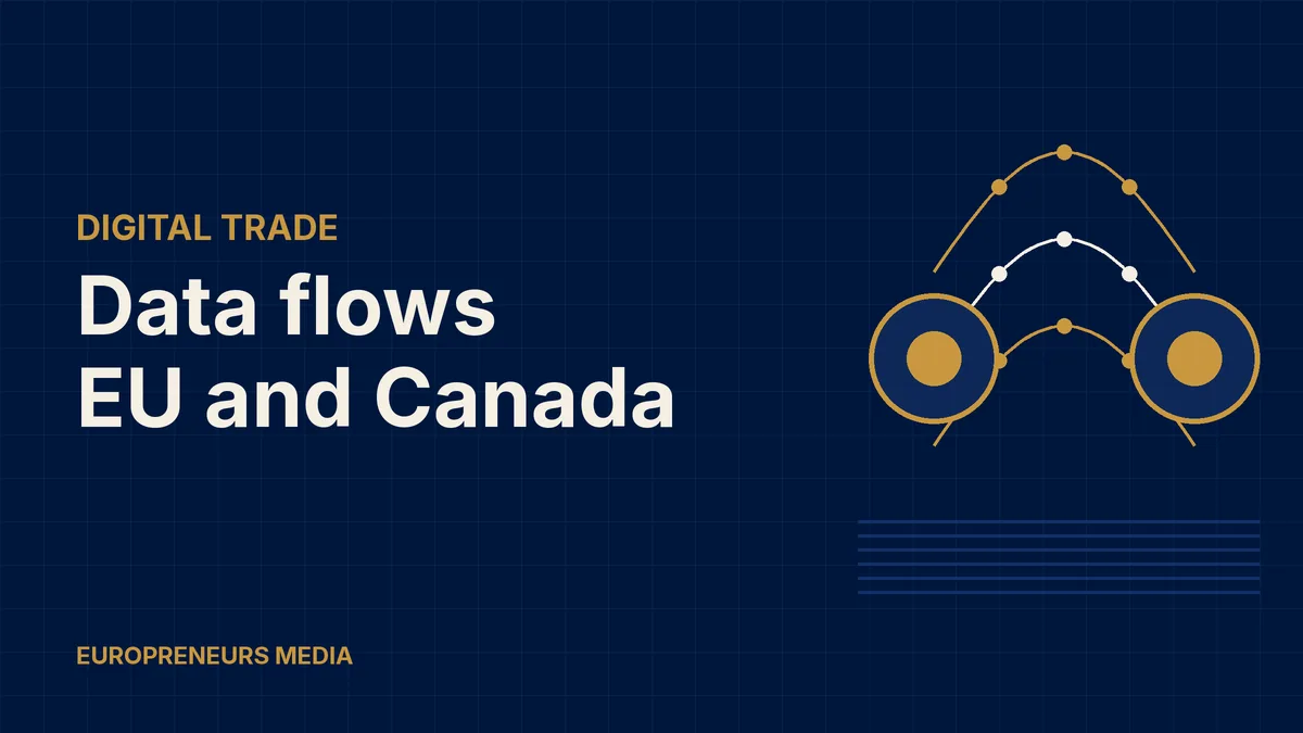 Abstract Europreneurs Media graphic: two gold hubs joined by arcs of data points across a stylised ocean, symbolising digital trade between the EU and Canada