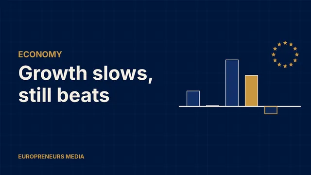 Abstract Europreneurs Media graphic: navy and gold bar chart of quarterly growth with one short bar below the axis and a ring of gold stars, symbolising euro area GDP with one economy contracting