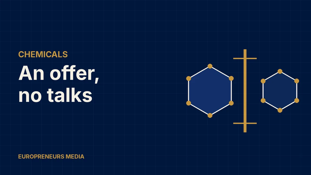 Abstract Europreneurs Media graphic: two navy hexagonal molecules separated by a vertical gold barrier, symbolising a rejected takeover approach between two chemical companies