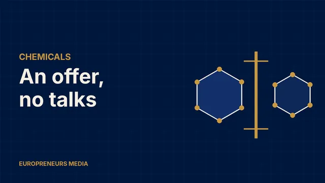 Abstract Europreneurs Media graphic: two navy hexagonal molecules separated by a vertical gold barrier, symbolising a rejected takeover approach between two chemical companies