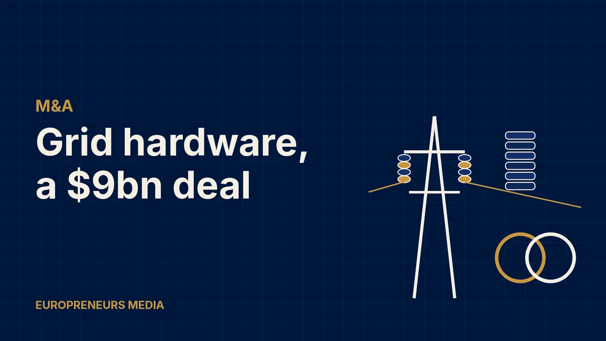 Abstract Europreneurs Media graphic: a power transmission pylon with insulator stacks, a stacked high-voltage bushing and two overlapping rings, symbolising an acquisition in grid equipment