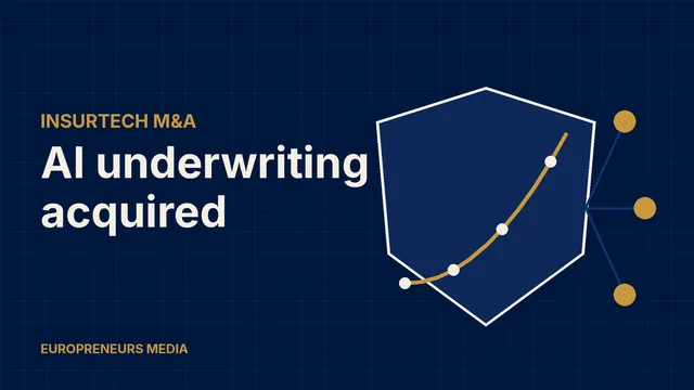 Abstract Europreneurs Media graphic: an insurance shield containing a rising gold pricing curve, linked to three gold nodes, symbolising AI underwriting software being acquired