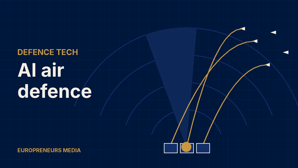 Abstract Europreneurs Media graphic: radar arcs, incoming target markers and gold intercept trajectories rising from launch containers, symbolising an AI air defence system