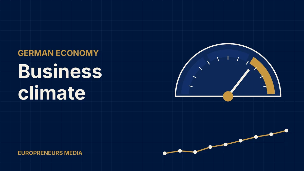 Abstract Europreneurs Media graphic: a sentiment gauge with its needle in the upper range above a gently rising line, symbolising improving business sentiment in Germany