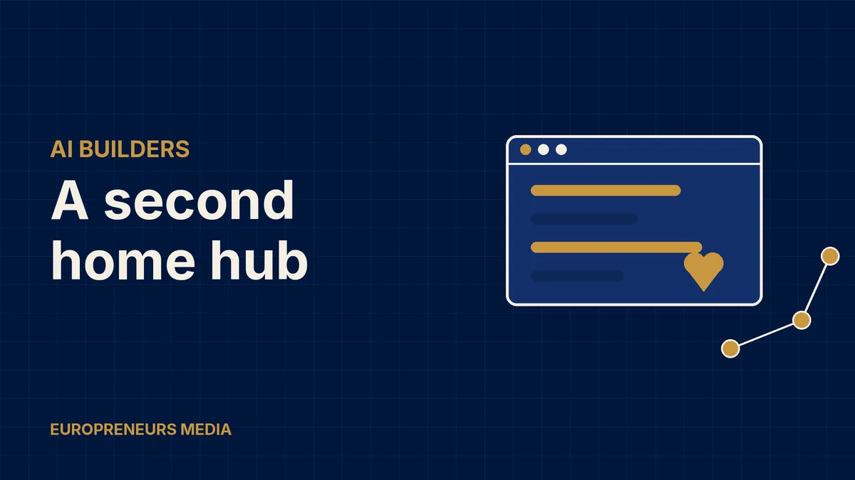 Abstract Europreneurs Media graphic: a navy app window with gold code lines, a gold heart and three connected gold nodes, symbolising an AI app builder opening a new office hub