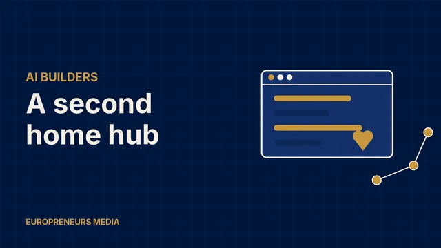Abstract Europreneurs Media graphic: a navy app window with gold code lines, a gold heart and three connected gold nodes, symbolising an AI app builder opening a new office hub
