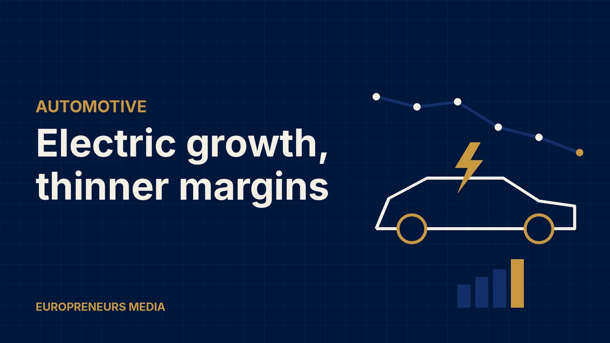 Abstract Europreneurs Media graphic: a generic car outline with a lightning bolt beneath a falling line chart, beside rising bars, symbolising growing electric car sales and falling margins