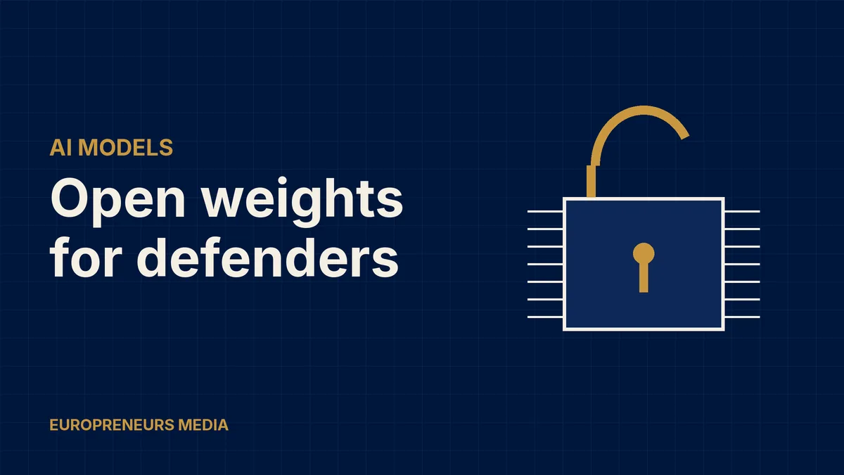 Abstract Europreneurs Media graphic: an open gold padlock on a chip-like block with pins on both sides, symbolising an open-weight AI model built for cybersecurity