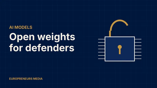 Abstract Europreneurs Media graphic: an open gold padlock on a chip-like block with pins on both sides, symbolising an open-weight AI model built for cybersecurity