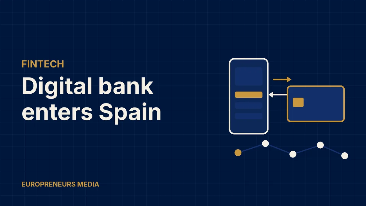 Abstract Europreneurs Media graphic: a generic smartphone banking screen with transfer arrows beside a payment card, above a chain of connected nodes, symbolising a digital bank expanding into a new market