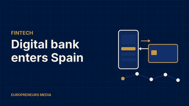 Abstract Europreneurs Media graphic: a generic smartphone banking screen with transfer arrows beside a payment card, above a chain of connected nodes, symbolising a digital bank expanding into a new market