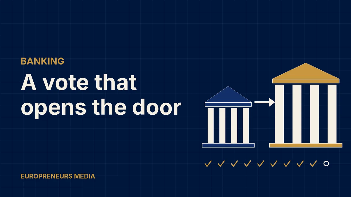 Abstract Europreneurs Media graphic: a small navy bank building with an arrow pointing to a larger gold bank building above a row of nine gold ticks, symbolising a shareholder vote clearing a bank takeover