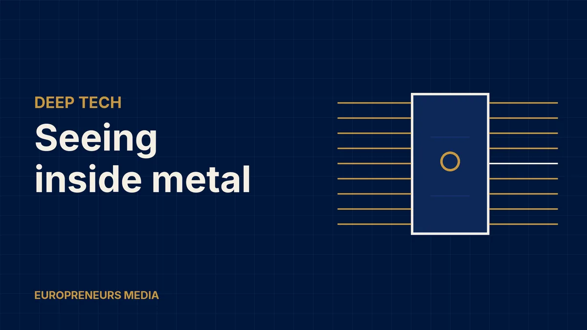 Abstract Europreneurs Media graphic: parallel beam lines passing through a dense block and revealing a hidden ring-shaped flaw, symbolising muon imaging of thick metal parts