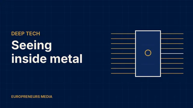 Abstract Europreneurs Media graphic: parallel beam lines passing through a dense block and revealing a hidden ring-shaped flaw, symbolising muon imaging of thick metal parts
