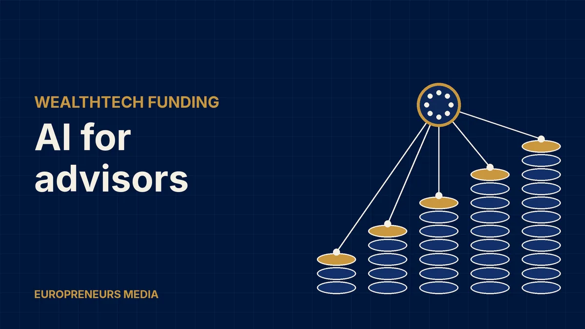 Abstract Europreneurs Media graphic: rising stacks of coins linked to a central hub of nodes, symbolising AI agents supporting wealth management