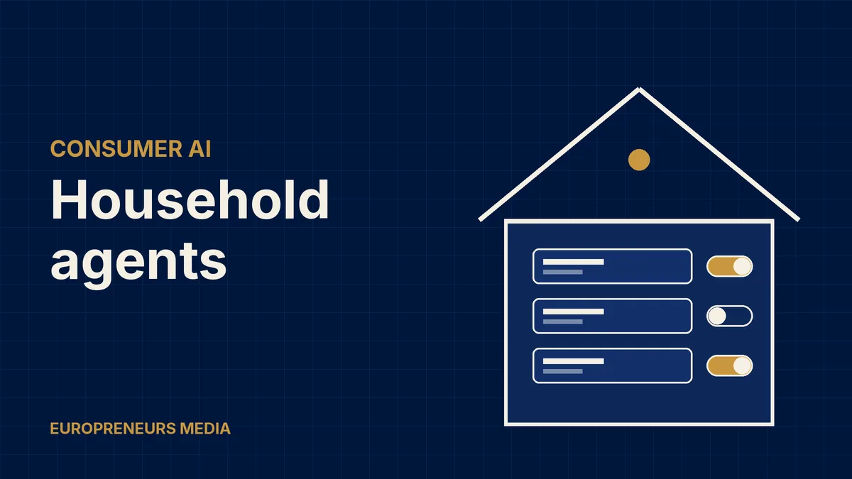 Abstract Europreneurs Media graphic: a house outline containing bill cards with switch toggles, symbolising an AI agent managing household bills