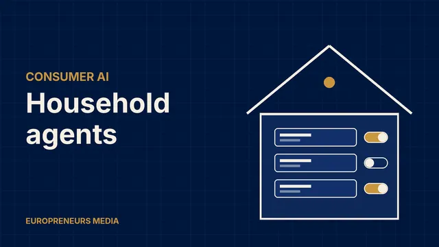 Abstract Europreneurs Media graphic: a house outline containing bill cards with switch toggles, symbolising an AI agent managing household bills