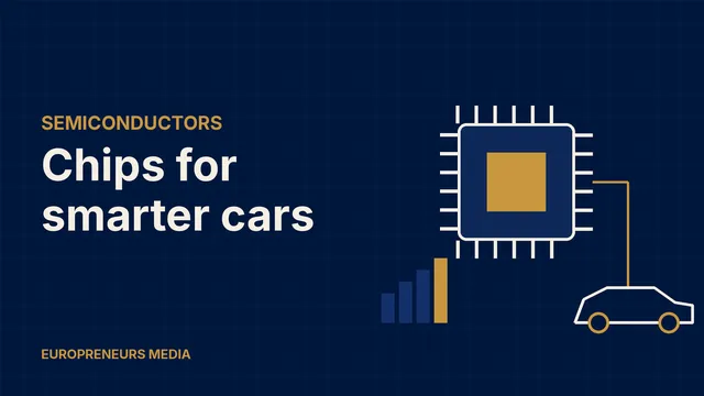 Abstract Europreneurs Media graphic: a stylised microchip with circuit traces leading to a car outline beside rising bars, symbolising a chipmaker growing on automotive demand