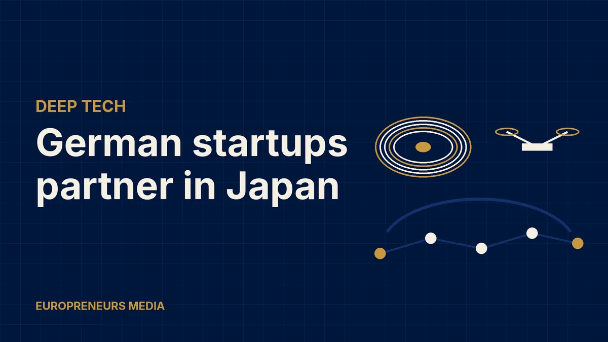 Abstract Europreneurs Media graphic: nested rings suggesting a fusion device, a generic drone outline and a bridge of connected nodes, symbolising German deep tech companies partnering in Japan